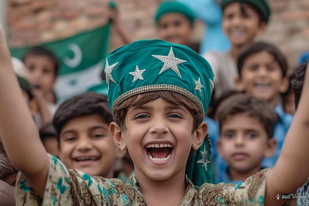 Niños paquistaníes celebrando el día de la independencia entusiasmados y motivados con una foto realista
