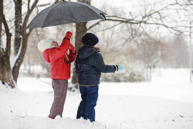 Los niños en el parque de invierno juegan con nieve.