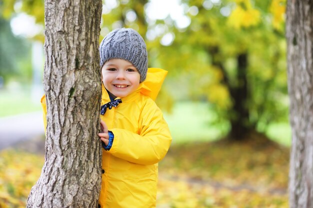 Los niños en el parque de otoño caminan con impermeables durante el día.