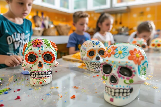 Los niños participan en una artesanía decorando coloridas máscaras de cráneo