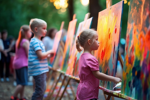 Niños participando en una actividad de arte grupal pintando en caballetes con colores vibrantes Juguetes para el día del niño