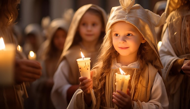 niños participando en un desfile del Día de las Velas vestidos de ángeles y sosteniendo velas