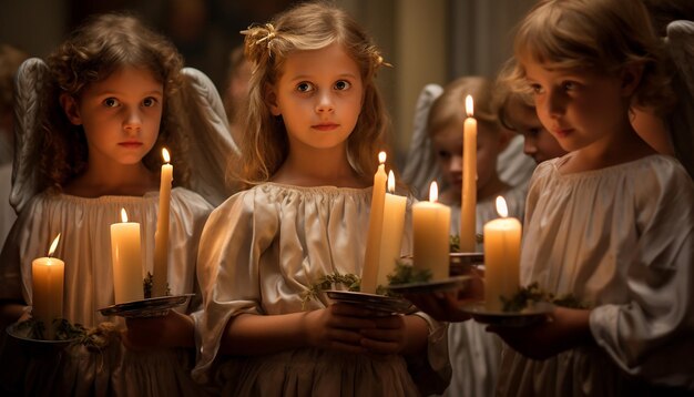 niños participando en un desfile del Día de las Velas vestidos de ángeles y sosteniendo velas