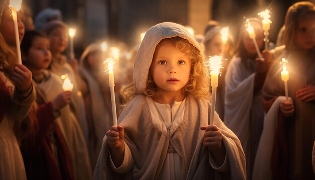 Foto niños participando en un desfile del día de las velas vestidos de ángeles y sosteniendo velas