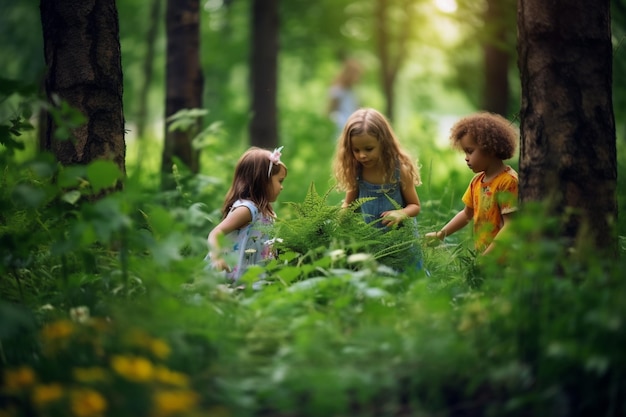 Niños participando en un juego amistoso de escondite en un exuberante bosque verde Juguetes para el día del niño