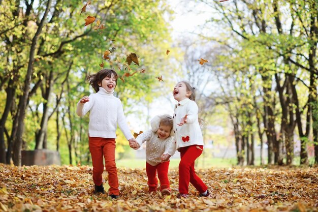 Niños de paseo en el parque de otoño Caída de hojas en el parque Familia Otoño Felicidad