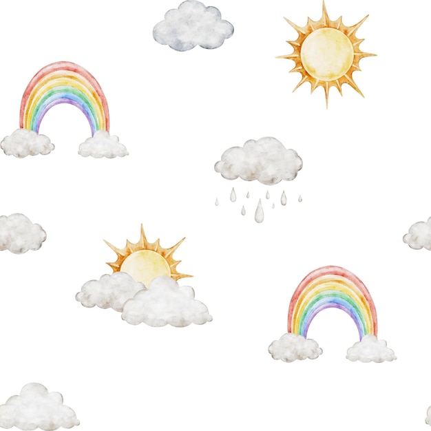 Niños patrón sin costuras con arco iris sol y nubes de lluvia esponjosas para telas ropa vacaciones