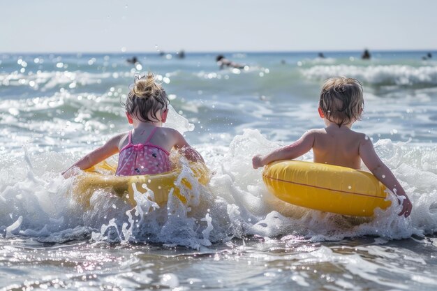 Niños pequeños con anillos inflables jugando en las olas en las vacaciones de verano en la playa