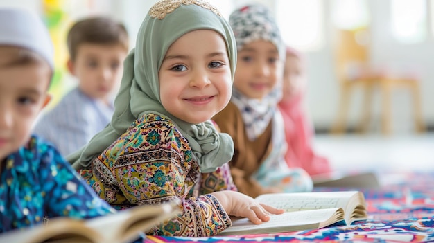 Foto niños pequeños aprenden sobre la importancia del año nuevo islámico en un entorno de clase