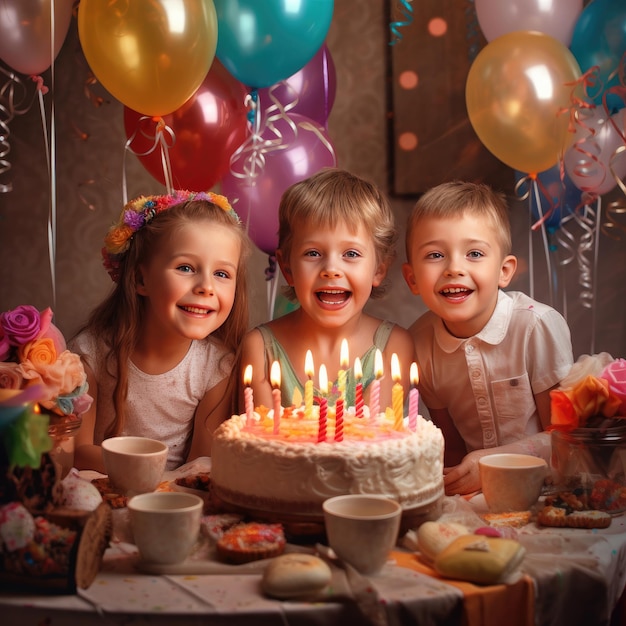 Niños pequeños celebrando cumpleaños en Grupo de niños adorables divirtiéndose en el cumpleaños Generative Ai