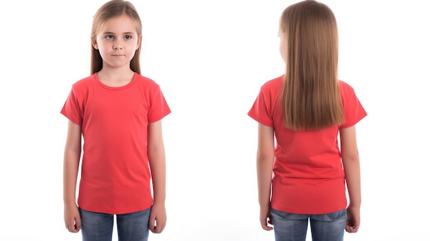 Foto niños pequeños chica con una camiseta roja vista frontal y trasera maqueta aislada sobre fondo blanco