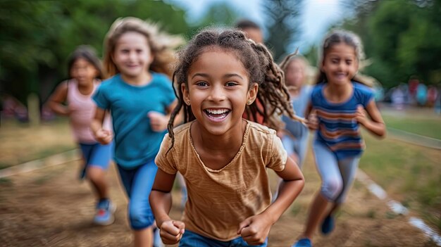 Niños pequeños corriendo en la pista llenos de alegría y energía