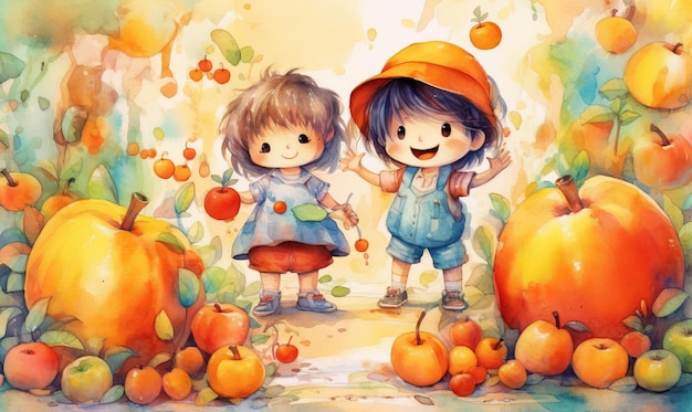 Niños pequeños cosechando calabazas Ilustración de un libro infantil Creada utilizando herramientas de IA generativas