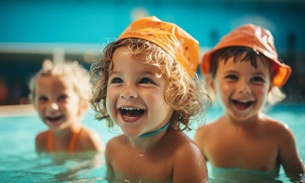 Foto niños pequeños disfrutando de clases de natación en la piscina