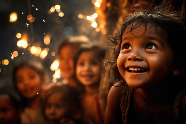 Los niños pequeños de familias de bajos ingresos están emocionados de ver las luces de Bengala.
