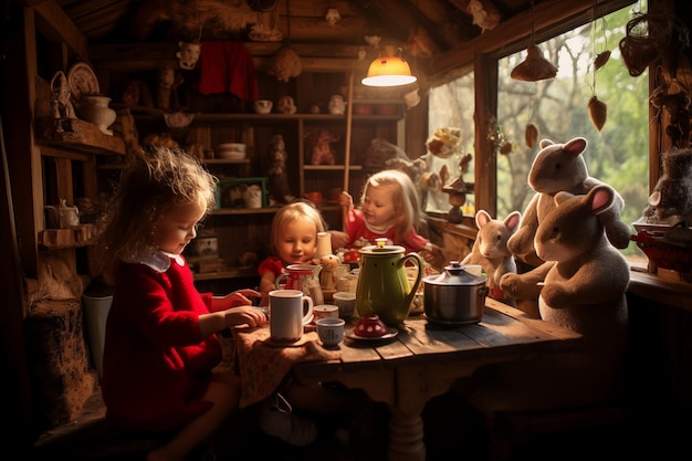 Niños pequeños haciendo una fiesta de té dentro de la casa del árbol con animales de peluche IA generativa