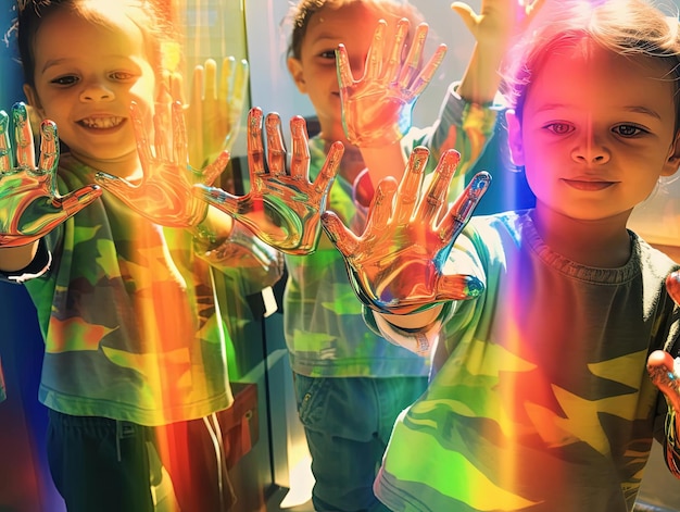 estos niños pequeños han pintado arco iris con sus manos al estilo de las mamás