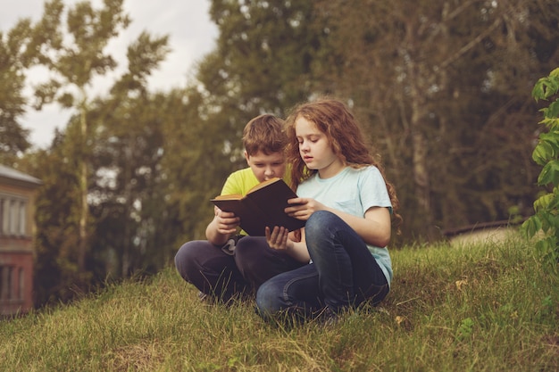 Niños pequeños inteligentes leyendo el libro al aire libre.