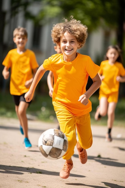 Foto niños pequeños jugando al fútbol