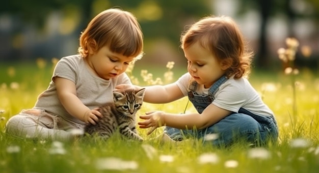 Niños pequeños jugando con gatito idea de cuidado de mascotas banner día mundial de los animales generado por IA