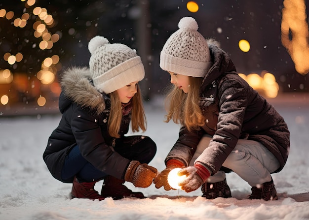 Niños pequeños jugando en un parque de invierno nevado