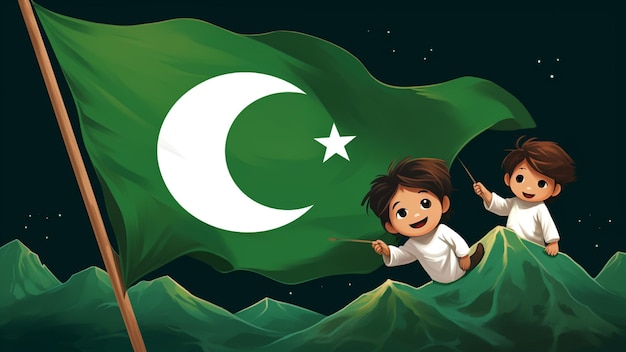 Niños pequeños jugando en el suelo con sonrisas felices en sus rostros sosteniendo la bandera de Pakistán full HD