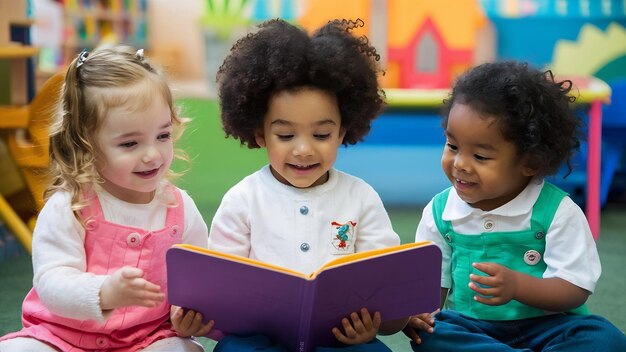 Niños pequeños leyendo libros en el preescolar