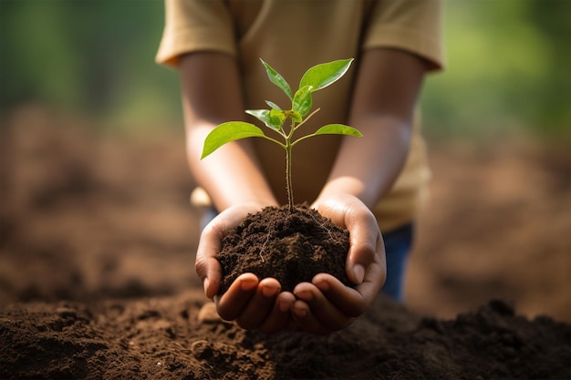 Niños pequeños con la mano sosteniendo un árbol verde de fondo de personas plantando árboles pequeños en el día de la tierra