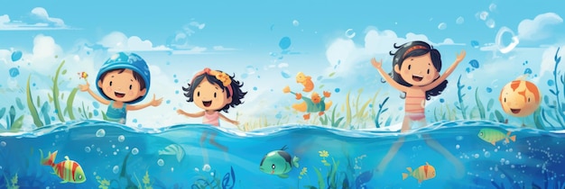 niños pequeños nadando en la piscina bajo el agua