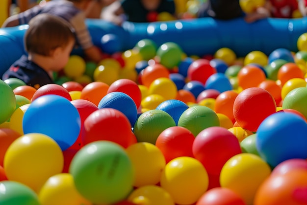 Niños pequeños en un pozo de bolas con bolas vibrantes y área de juego suave