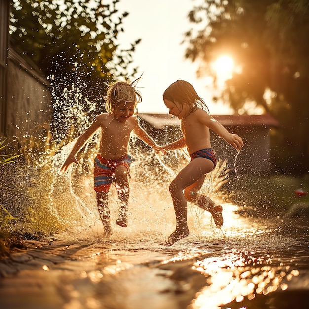 Foto niños pequeños en trajes de baño corriendo por ai generative