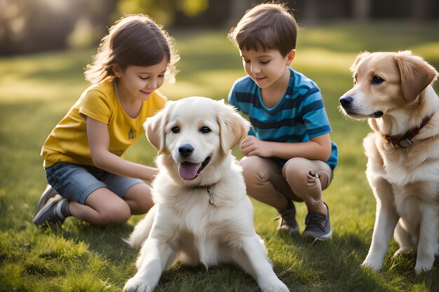 Foto los niños y los perros están jugando.