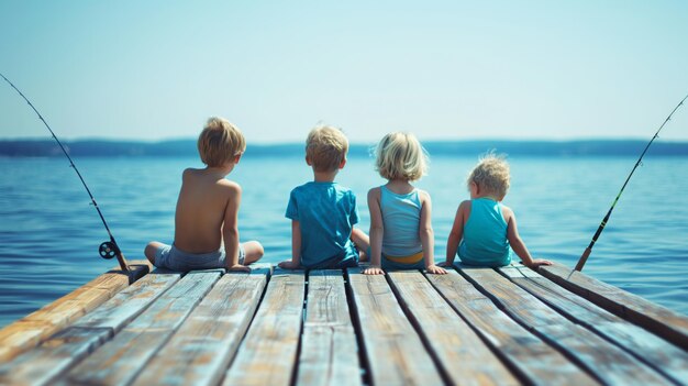 Niños pescando en el muelle en un día despejado en el lago