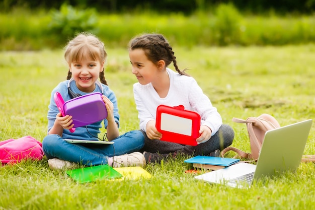 los niños en el picnic en el patio de la escuela vienen a comer en la caja. los padres se encargan del cuidado de los niños.