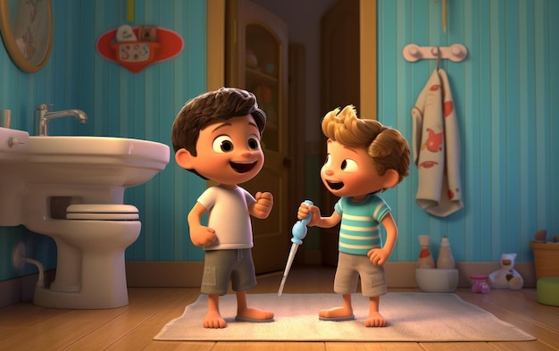 Niños de pie en el baño.