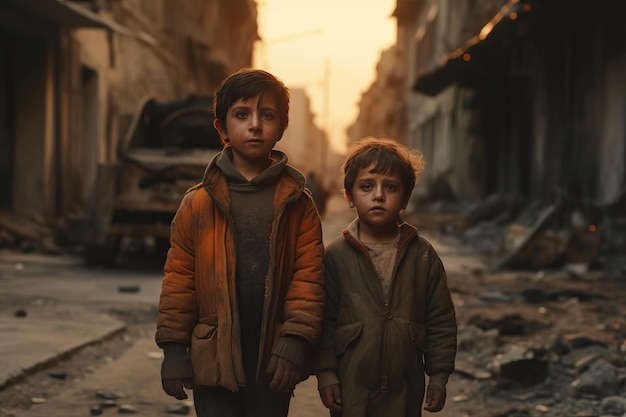 Niños de pie en la calle de una ciudad destruida por la guerra Ai generó