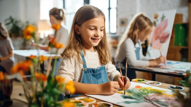 Niños pintando con acuarelas en la escuela.