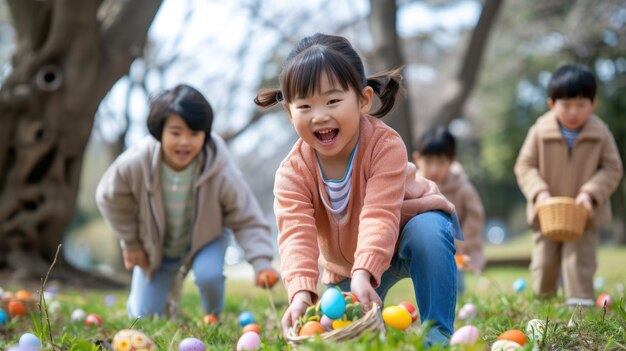 Niños pintando huevos de Pascua en el parque felices y llenos de ocio