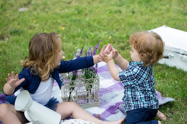 Los niños en pirnic lindo bebé en el campo de la pradera niño pequeño caminando al aire libre vacatio familiar