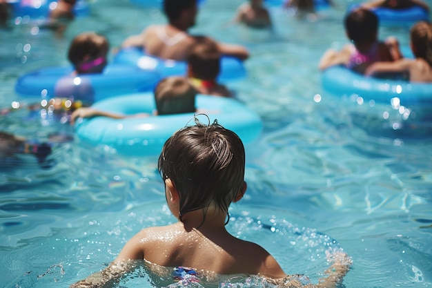 Niños de la piscina de verano disfrutando de una fiesta en la piscina con tubos inflables