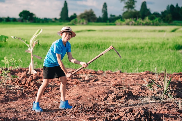 Niños plantando el árbol en el campo