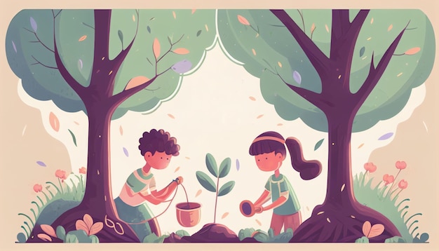 Niños plantando un árbol para la salud del mundo y el medio ambiente Creado con tecnología de IA generativa