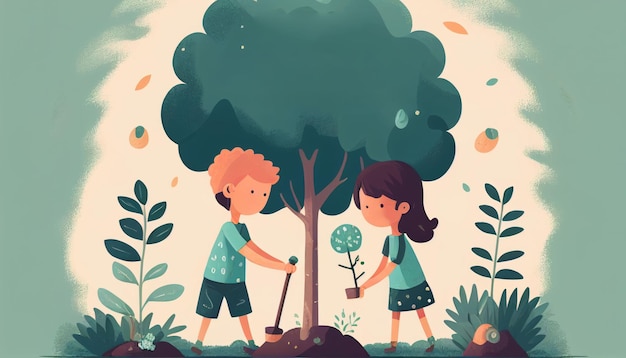 Niños plantando un árbol para la salud del mundo y el medio ambiente Creado con tecnología de IA generativa