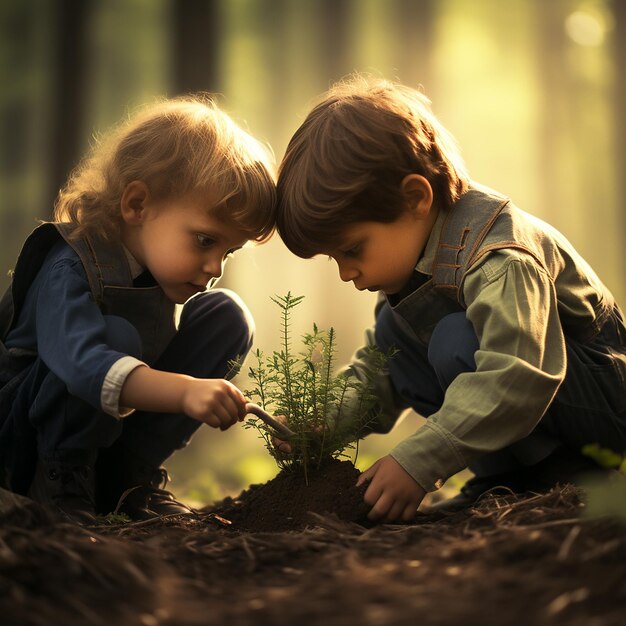 Foto niños plantando árboles en el bosque