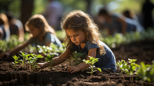 Niños plantando árboles en un parque del vecindario