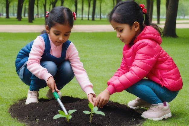 Niños plantando árboles en el parque