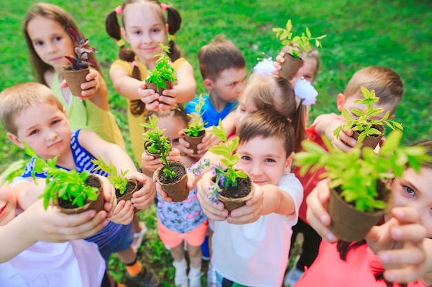 niños con plantas en macetas