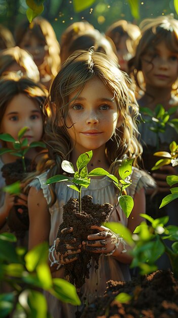 Niños con plántulas en el suelo