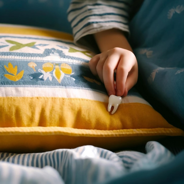 Foto niños ponen la mano de un diente debajo de la almohada para el hada de los dientes