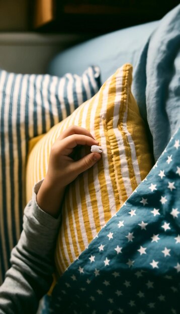 Foto niños ponen la mano de un diente debajo de la almohada para el hada de los dientes